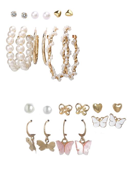 combo of 12 pair pretty gold plated pearl heart studs and hoop earrings - 18316677 - Very Small Image - 1
