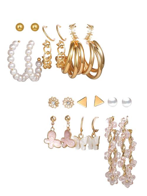 combo of 12 pair pretty gold plated pearl flower studs and hoop earrings - 18316870 - Very Small Image - 1