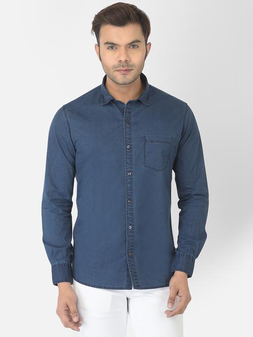 blue solid denim casual shirt - 18317046 - Very Small Image - 1