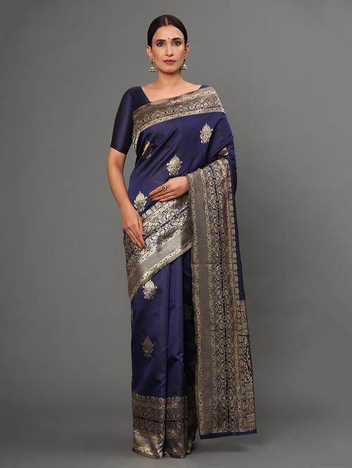 navy art silk banarasi saree with blouse - 18317588 - Very Small Image - 1