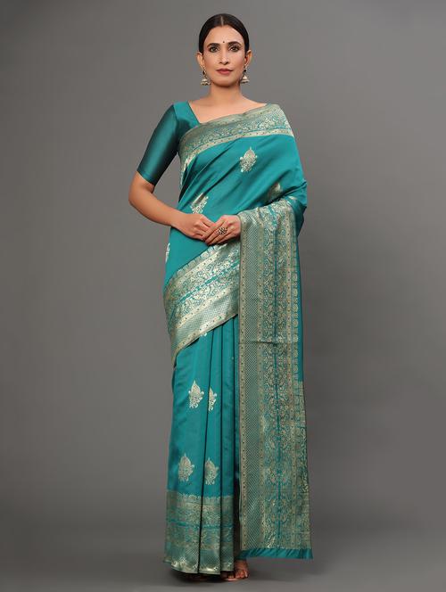 blue art silk banarasi saree with blouse - 18317591 - Very Small Image - 1