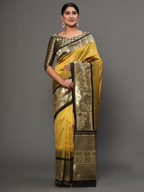 yellow art silk banarasi saree with blouse - 18317614 - Very Small Image - 1