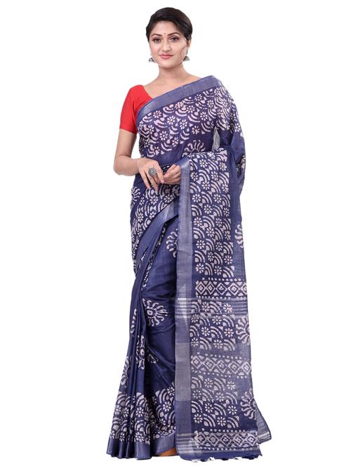 navy linen printed saree with blouse - 18318787 - Very Small Image - 1