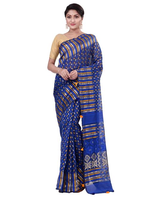 Blue Cotton Saree With Blouse - 18318788 - Very Small Image - 1