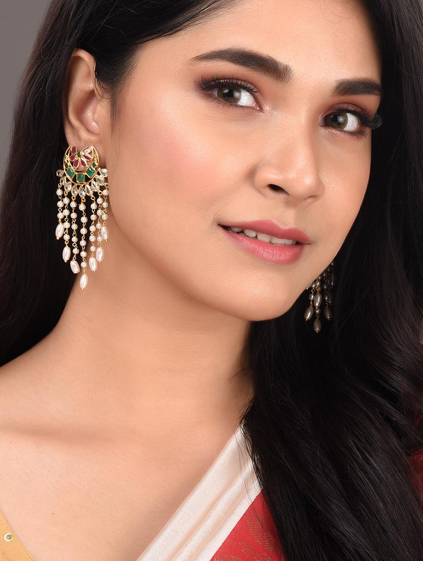 gold plated red & green ad studded crescent shaped long pearls drop earrings - 18321024 - Zoom Image - 3