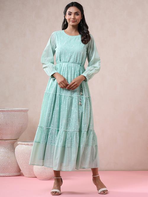 green georgette tiered ethnic dress - 18321339 - Very Small Image - 1