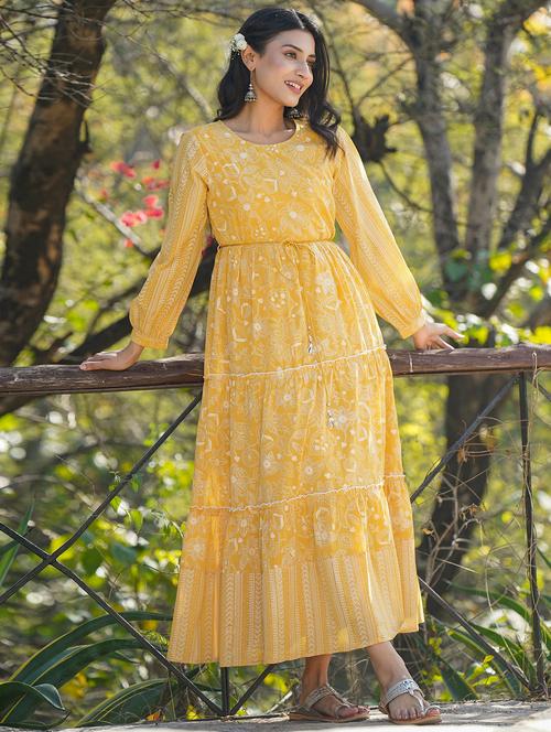yellow georgette tiered ethnic dress - 18321341 - Very Small Image - 1