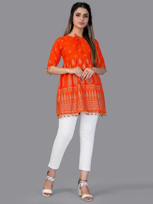 orange printed a-line kurti - 18321720 - Very Small Image - 1