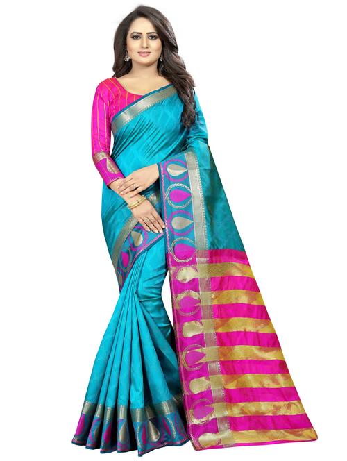 blue cotton silk banarasi saree with blouse - 18321876 - Very Small Image - 1