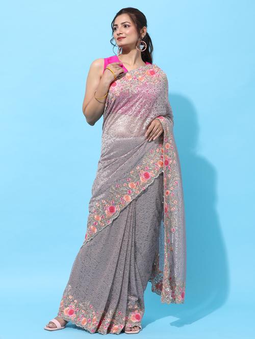 lavender embroidered saree with blouse - 18322916 - Very Small Image - 1