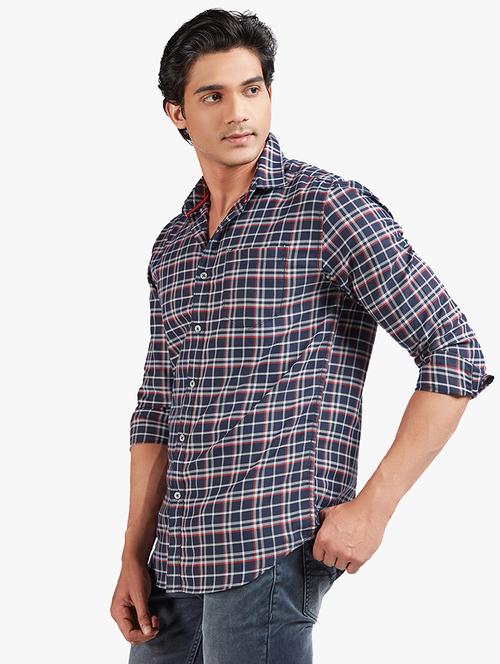 navy blue checkered casual shirt - 18322957 - Very Small Image - 1