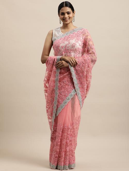 pink net embroidered saree with blouse - 18323130 - Very Small Image - 1