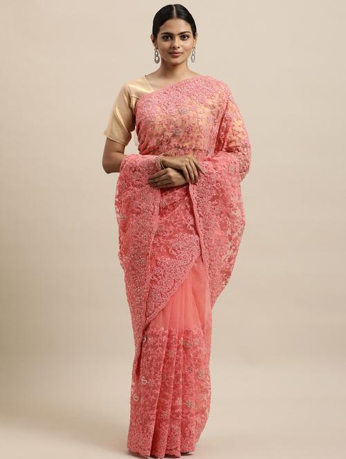 pink net embroidered saree with blouse - 18323131 - Very Small Image - 1