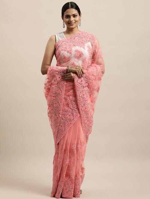 pink net embroidered saree with blouse - 18323132 - Very Small Image - 1