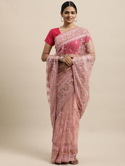 pink net embroidered saree with blouse - 18323162 - Very Small Image - 1