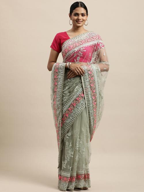 green net embroidered saree with blouse - 18323164 - Very Small Image - 1