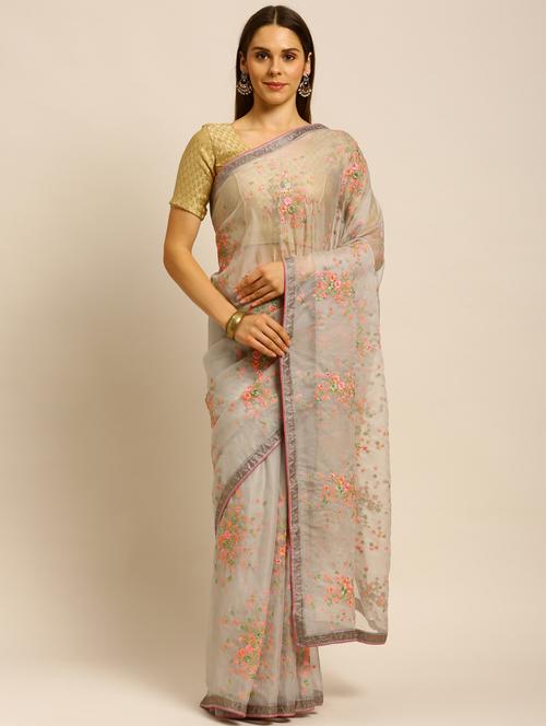 grey lace bordered embroidered saree with blouse - 18323180 - Very Small Image - 1