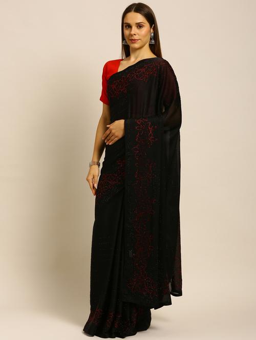 black satin embroidered saree with blouse - 18323192 - Very Small Image - 1