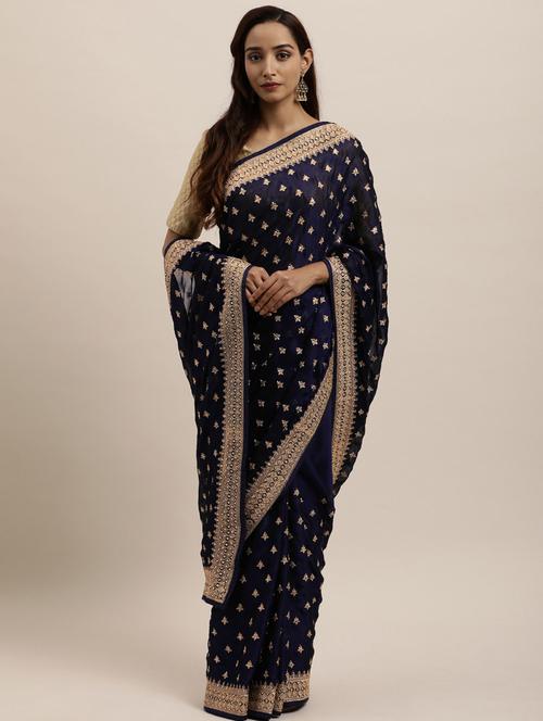 navy art silk embroidered saree with blouse - 18323215 - Very Small Image - 1
