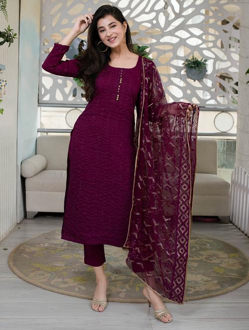 embroidered semi-stitched straight pant suit set - 18323659 - Very Small Image - 1