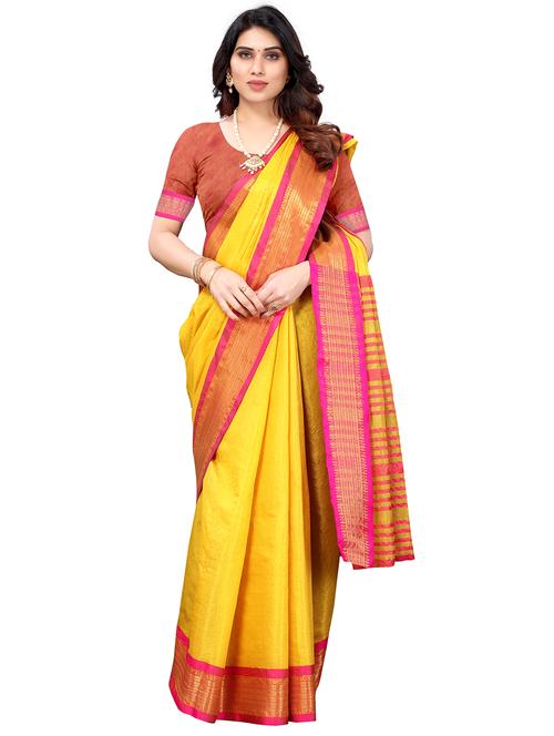yellow cotton kanjivaram saree with blouse - 18323812 - Very Small Image - 1