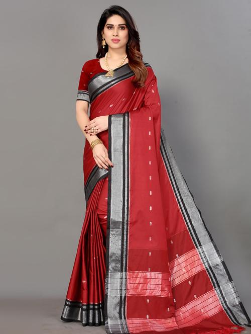 red cotton kanjivaram saree with blouse - 18323831 - Very Small Image - 1