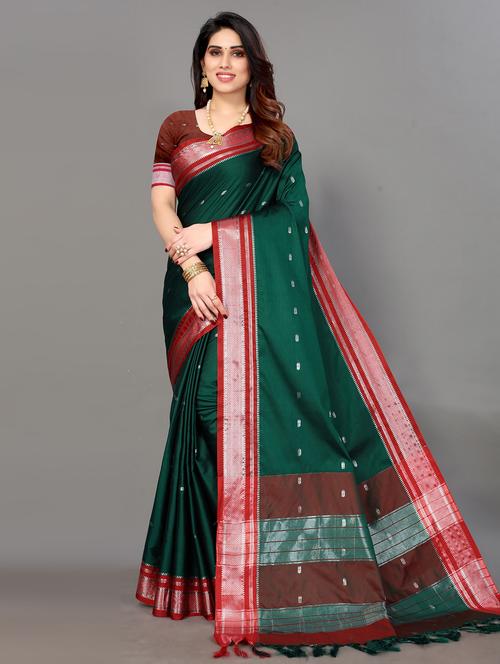 green cotton kanjivaram saree with blouse - 18323832 - Very Small Image - 1