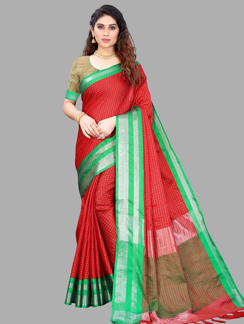 red cotton kanjivaram saree with blouse - 18323836 - Very Small Image - 1