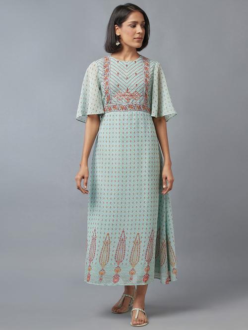 green floral flared ethnic dress - 18327107 - Very Small Image - 1
