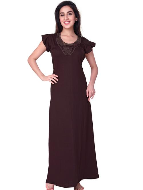 solid brown round neck lace detail nighty  - 18327636 - Very Small Image - 1
