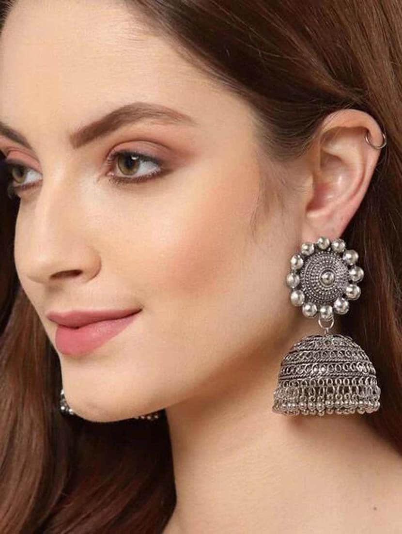silver metal jhumka earring - 18328881 - Standard Image - 2
