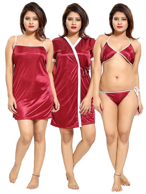 Solid Maroon Tie Front Solid Robe Set - 18329000 - Very Small Image - 1