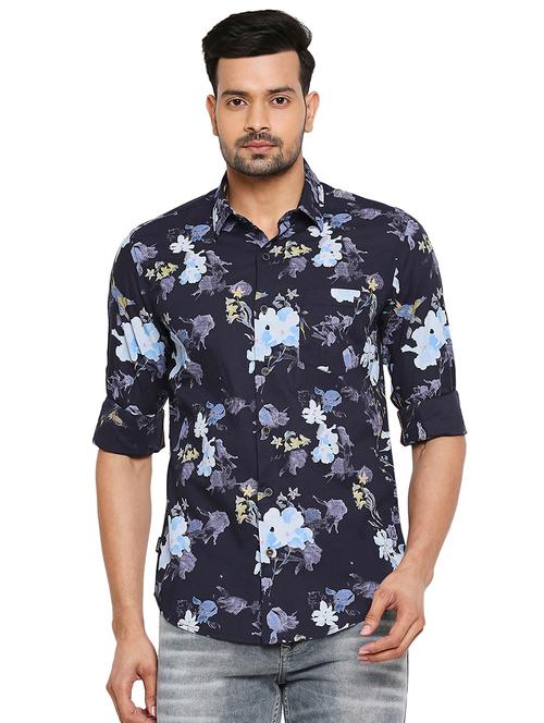 navy blue floral casual shirt - 18329527 - Very Small Image - 1