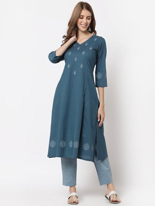 blue cotton kurta pant  set - 18333904 - Very Small Image - 1