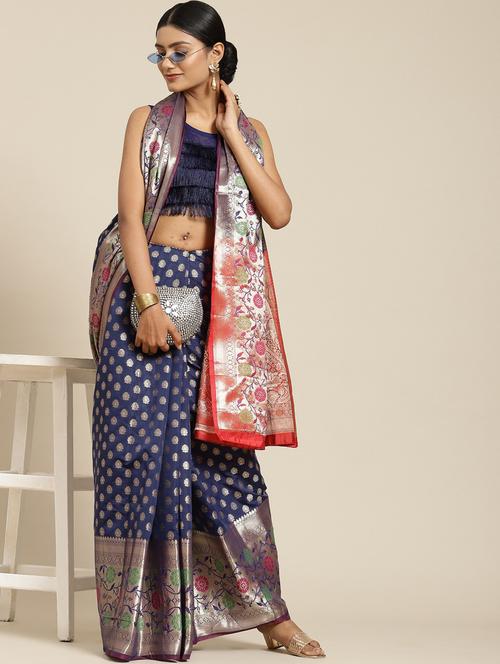 women's self design navy blue colored saree with blouse - 18334101 - Very Small Image - 1