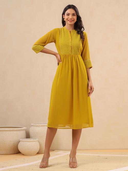 mustard georgette a-line ethnic dress - 18334237 - Very Small Image - 1