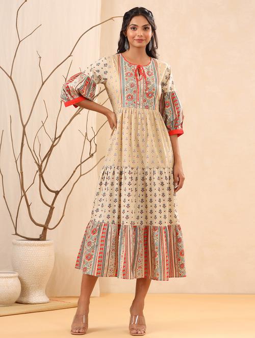 beige cotton tiered ethnic dress - 18334252 - Very Small Image - 1