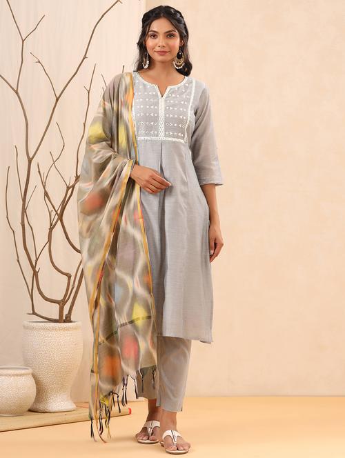 grey chanderi kurta pant  set - 18334970 - Very Small Image - 1