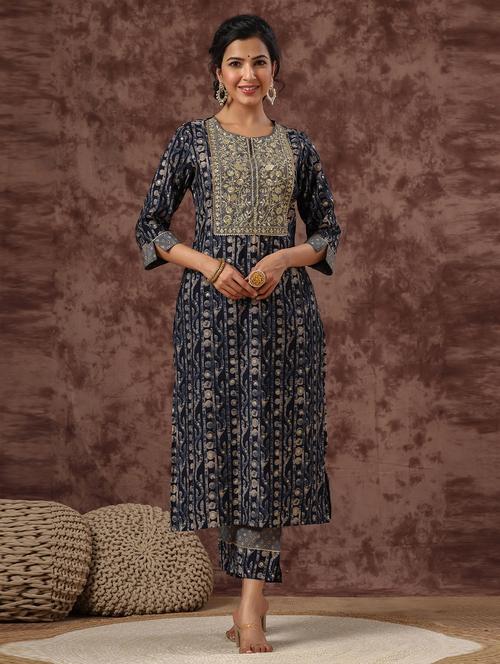blue chanderi kurta pant  set - 18334975 - Very Small Image - 1