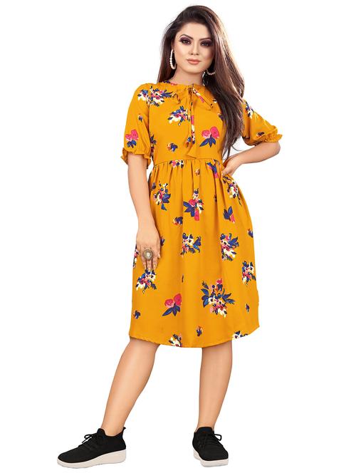 yellow crepe fit & flare dress - 18337606 - Very Small Image - 1
