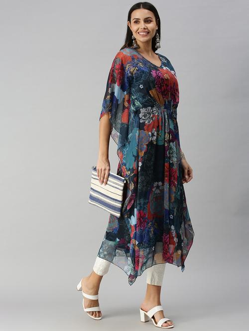 navy floral kaftan kurta - 18338223 - Very Small Image - 1