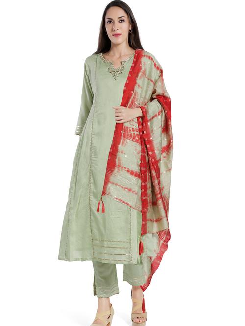 women handworked chanderi kurta with chanderi pant and jacquard dupatta (light green)  - 18340298 - Very Small Image - 1