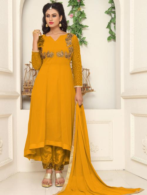 yellow georgette semistitched suit - 18341935 - Very Small Image - 1