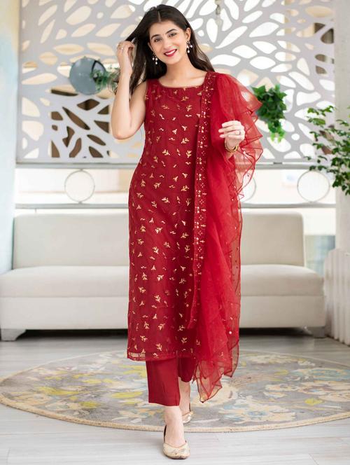 maroon sequined semi-stitched suit set - 18342765 - Very Small Image - 1