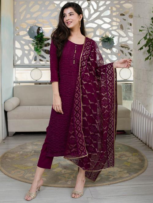 self design semi-stitched suit set - 18342787 - Very Small Image - 1