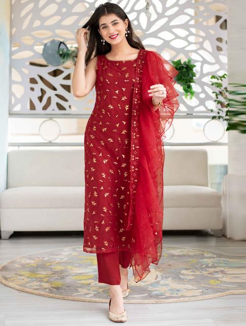 foil print semi-stitched straight pant suit set - 18342788 - Very Small Image - 1