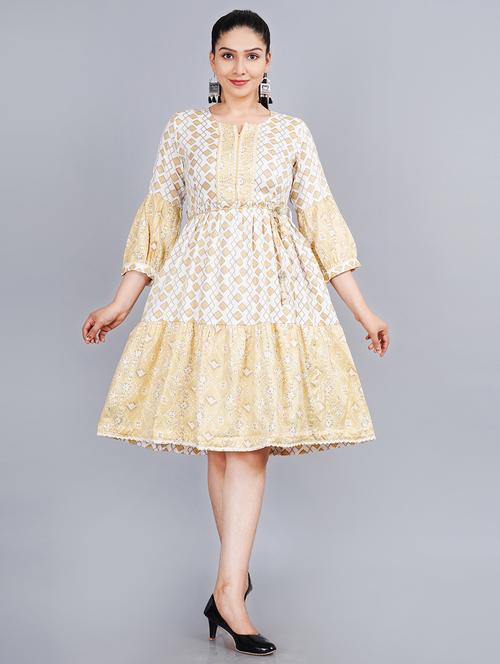 yellow printed flared ethnic dress - 18342797 - Very Small Image - 1
