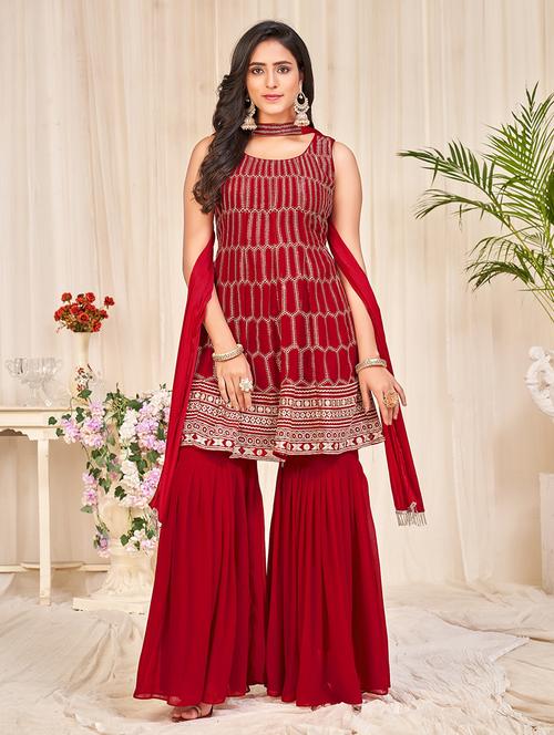 embroidered unstitched sharara suit set - 18345926 - Very Small Image - 1