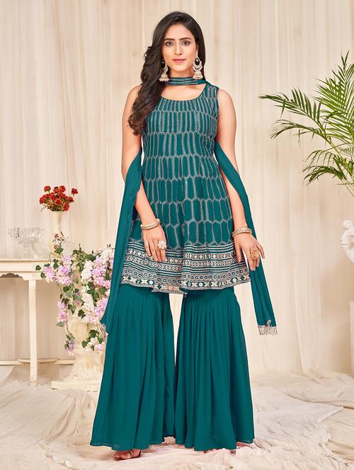 embroidered unstitched sharara suit set - 18345927 - Very Small Image - 1