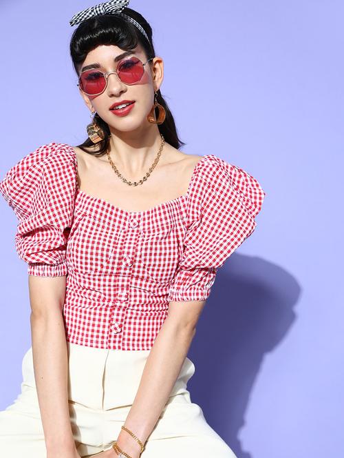 puff sleeved checkered top - 18346327 - Very Small Image - 1